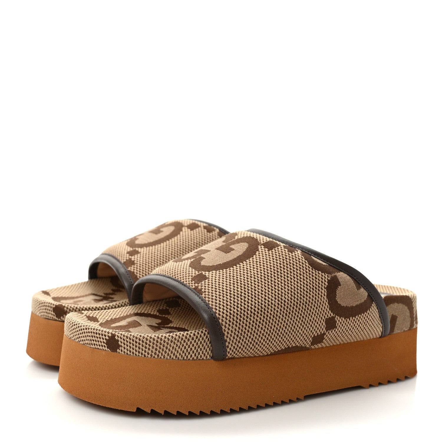 Gucci Monogram Jumbo GG Nappa Samoa Platform 40mm Slide Sandals 35 Camel Ebony New Acero 3 of 8