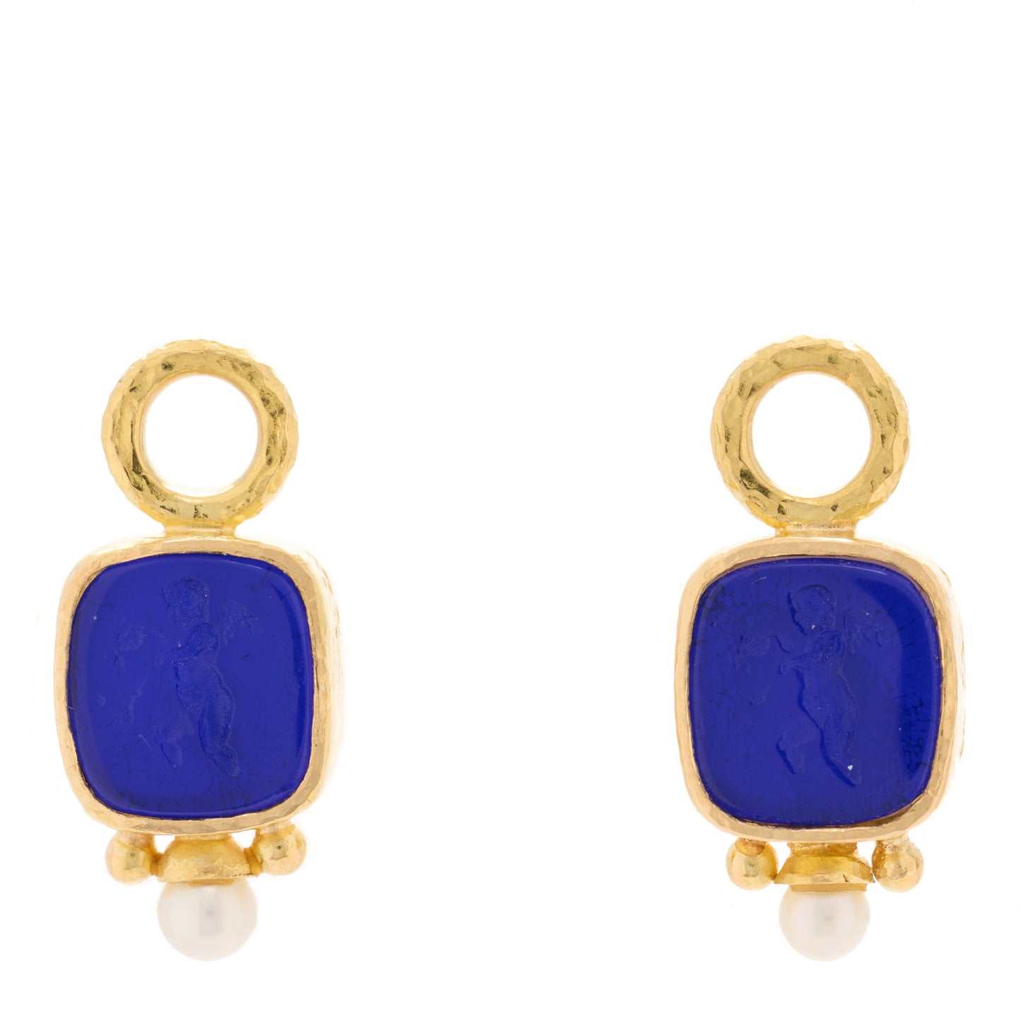 19K Yellow Gold Venetian Glass Pearl Cupid Intaglio Earring Charms Blue