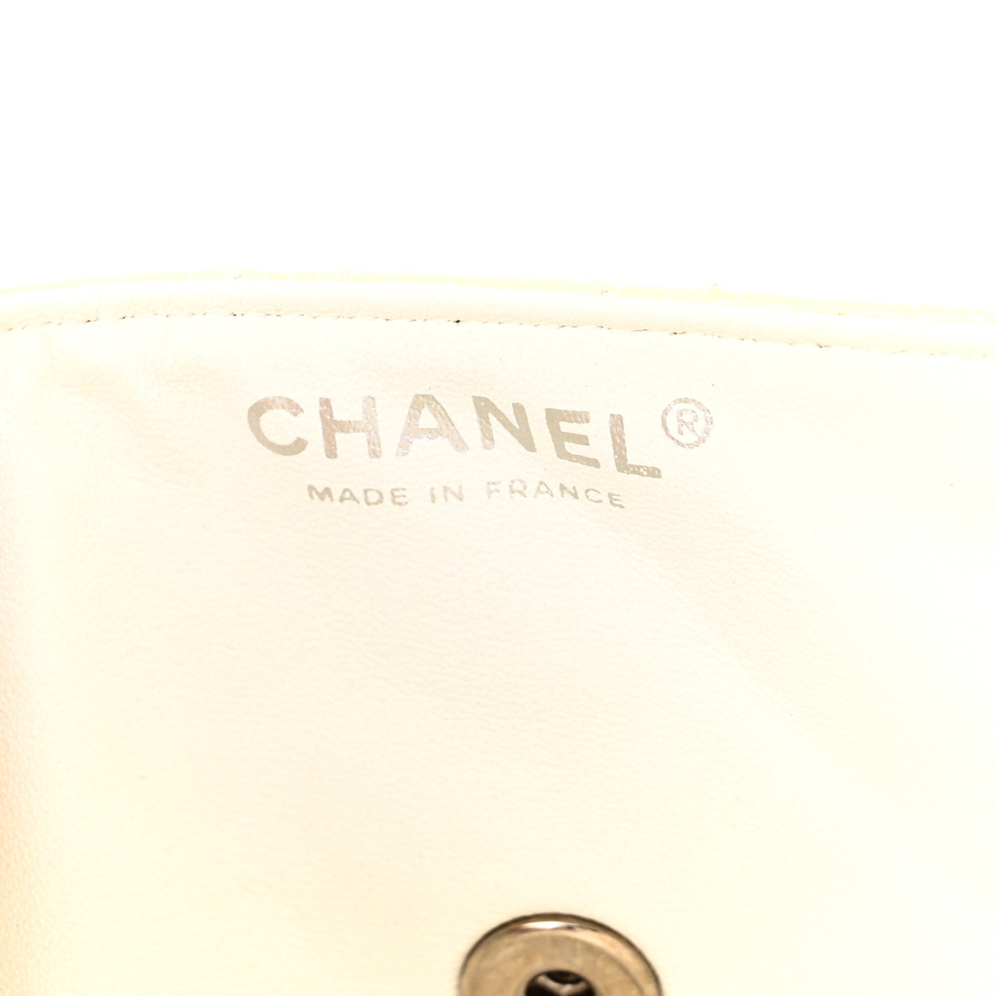 Distressed Patent Calfskin Quilted East West Flap Clutch Ivory