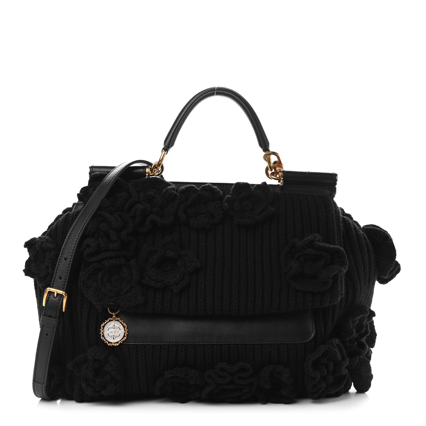 Calfskin Floral Knit Miss Sicily Satchel Black