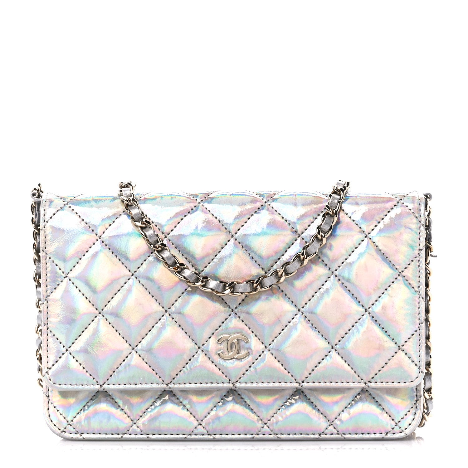 Chanel Iridescent Goatskin Quilted Wallet On Chain WOC Silver 1 of 12