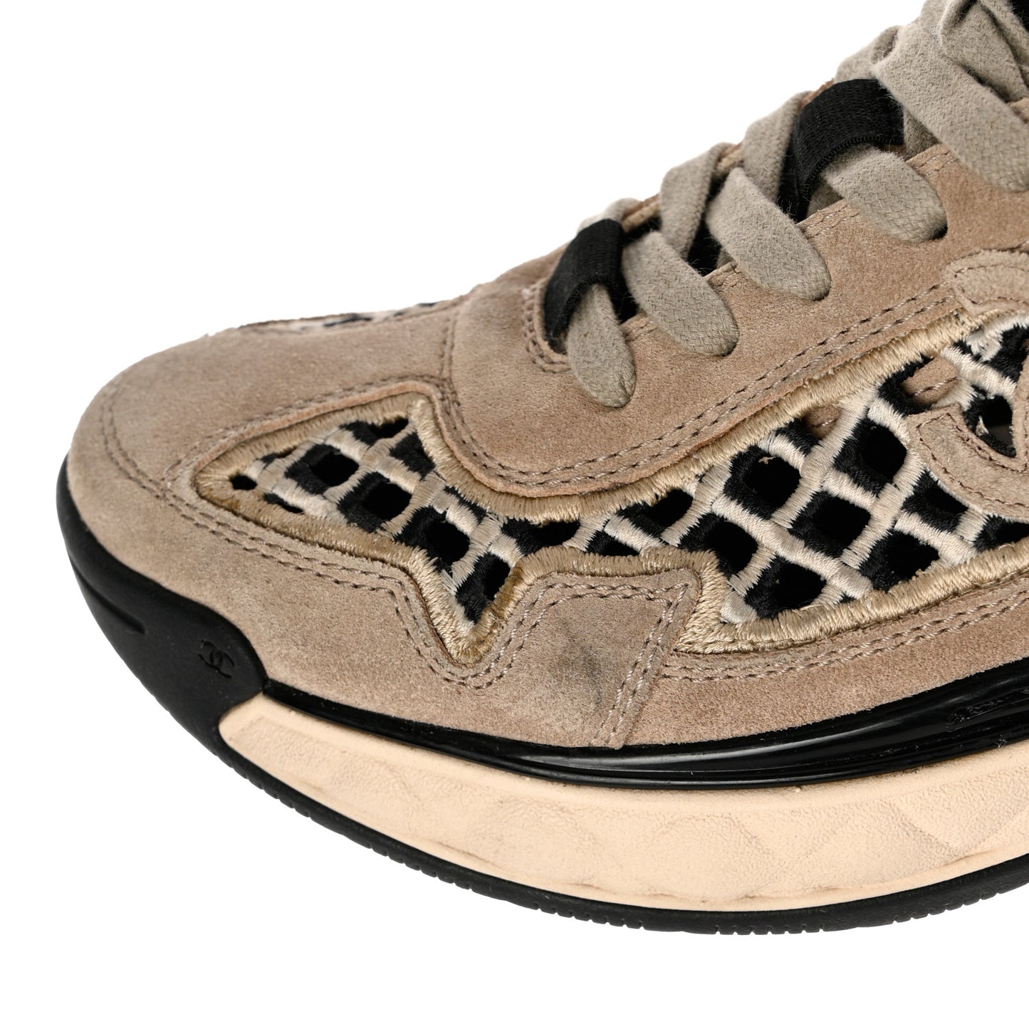 Suede Calfskin Embroidered CC Sneakers 36 Beige Black