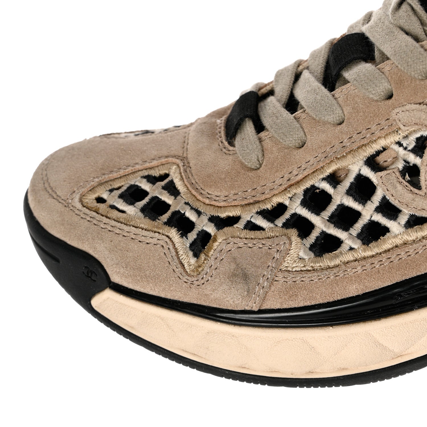 Chanel Suede Calfskin Embroidered CC Sneakers 36 Beige Black 11 of 12