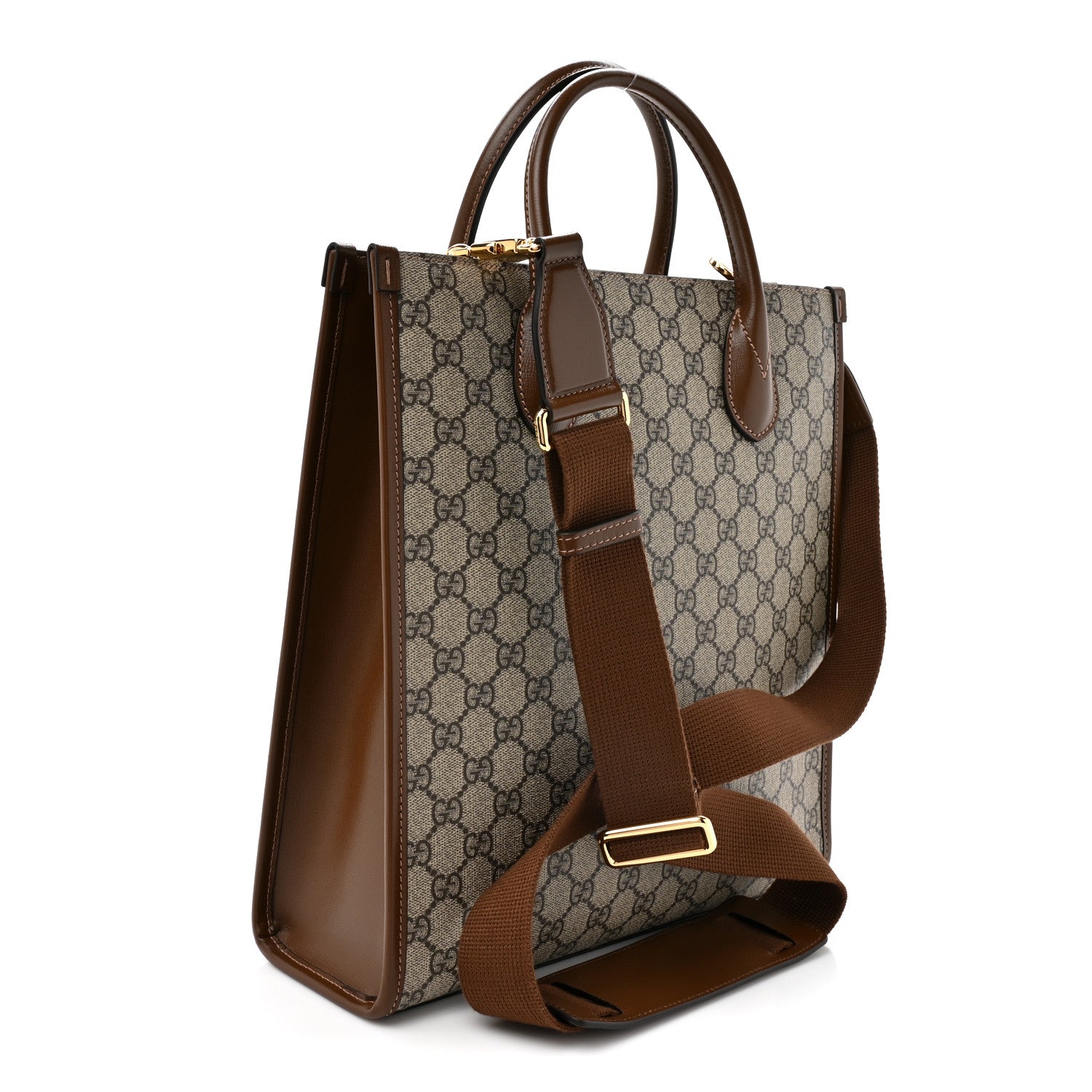 Gucci GG Supreme Monogram Textured Dollar Calfskin Web Small Retro Interlocking G Vertical Tote Bag Beige Ebony Brown Sugar 3 of 10