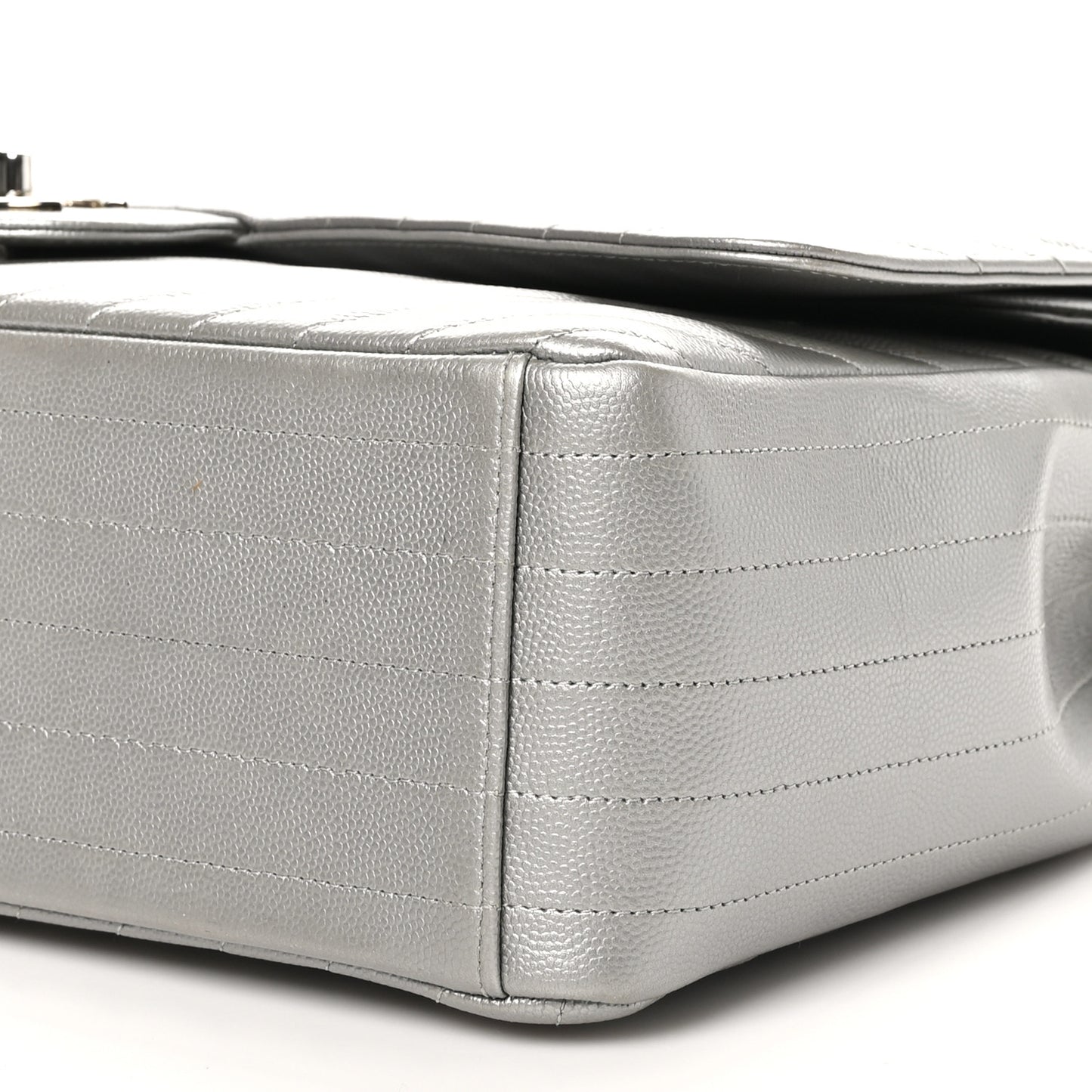 Metallic Caviar Chevron Quilted Maxi Double Flap Silver