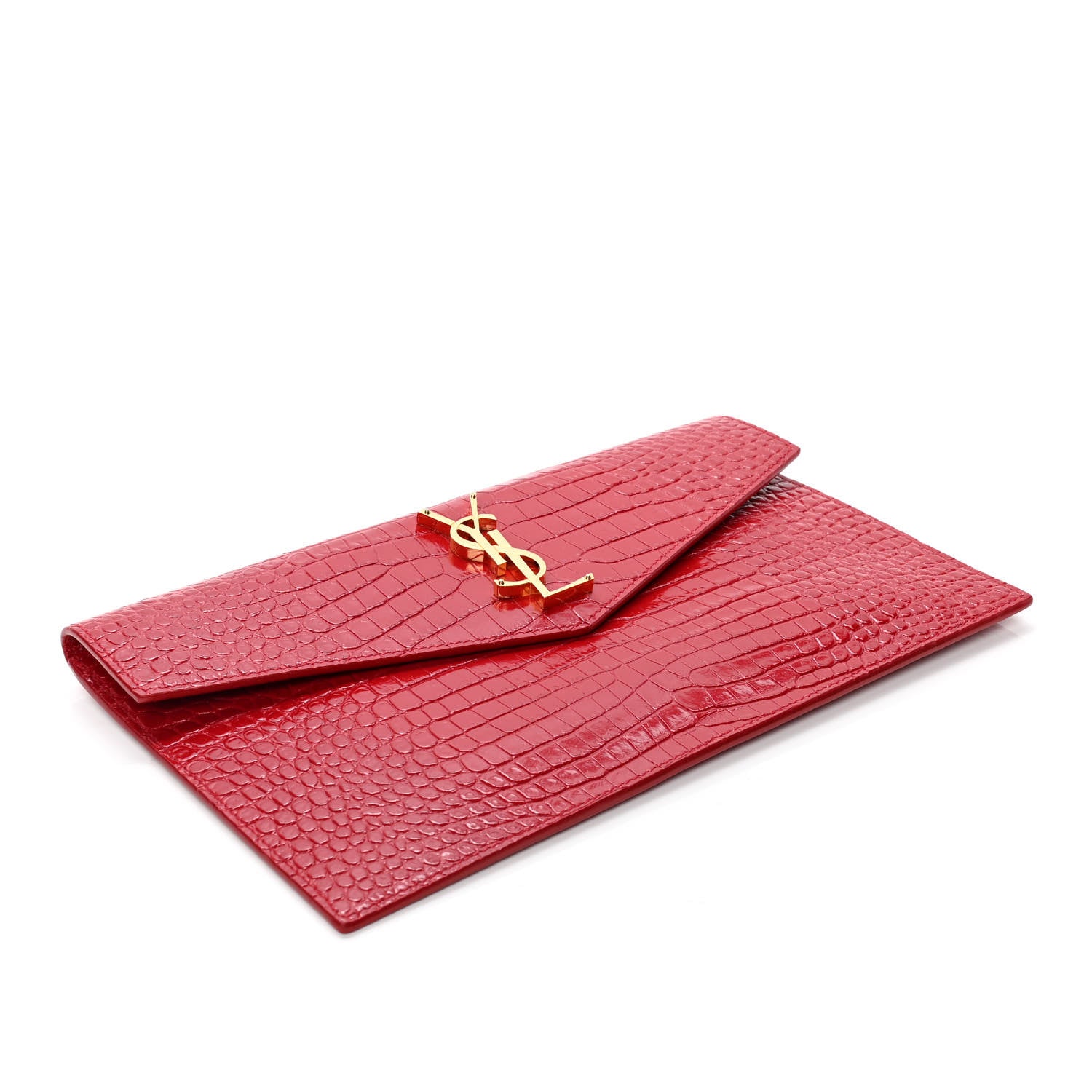 Saint Laurent Calfskin Crocodile Embossed Uptown Monogram Clutch Rouge Eros 3 of 4