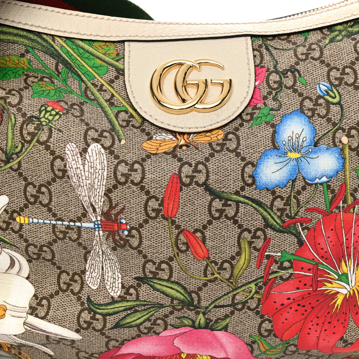 GG Supreme Monogram Flora Web Small Ophidia Half Moon Hobo White
