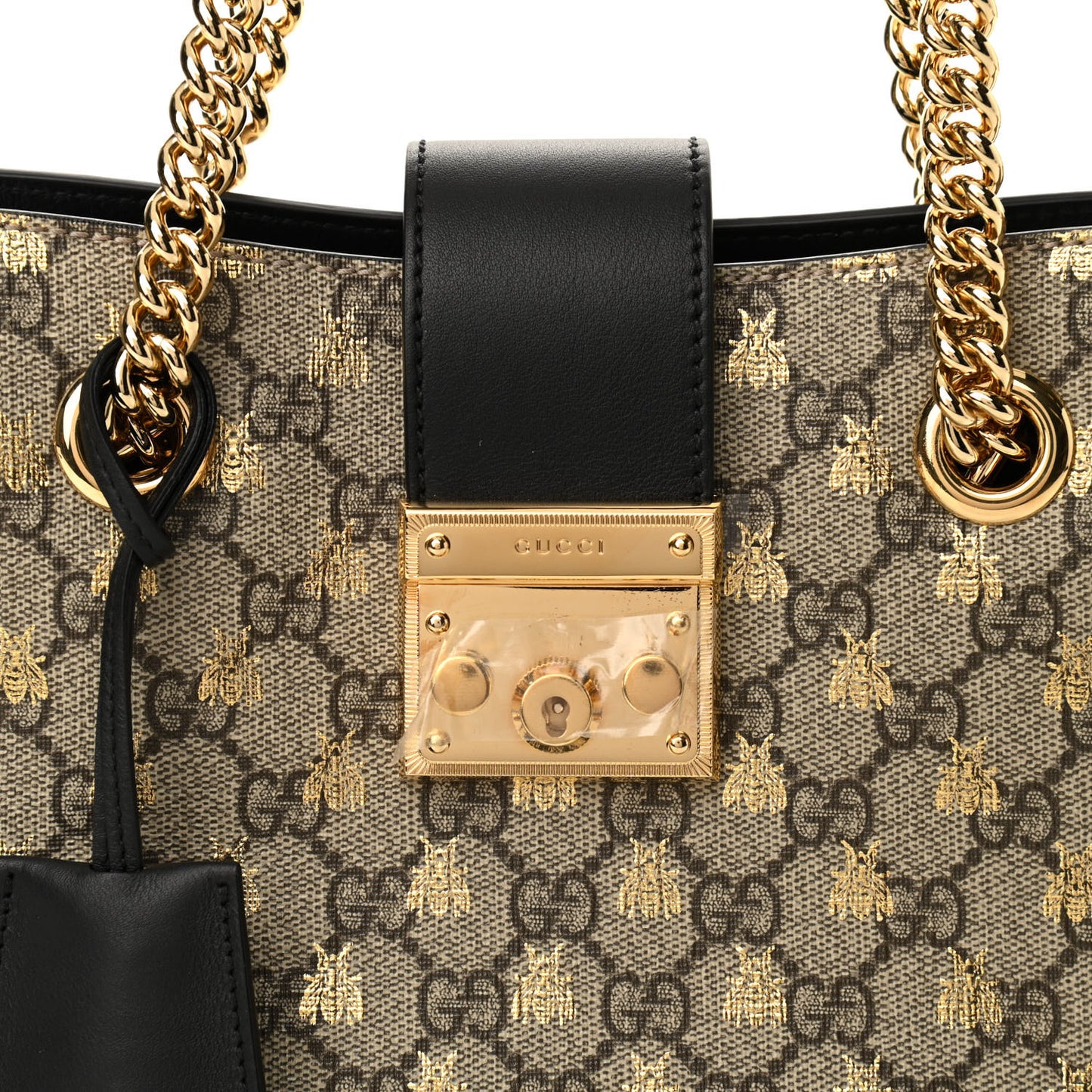 GG Supreme Monogram Bees Small Padlock Tote Beige Oro Black