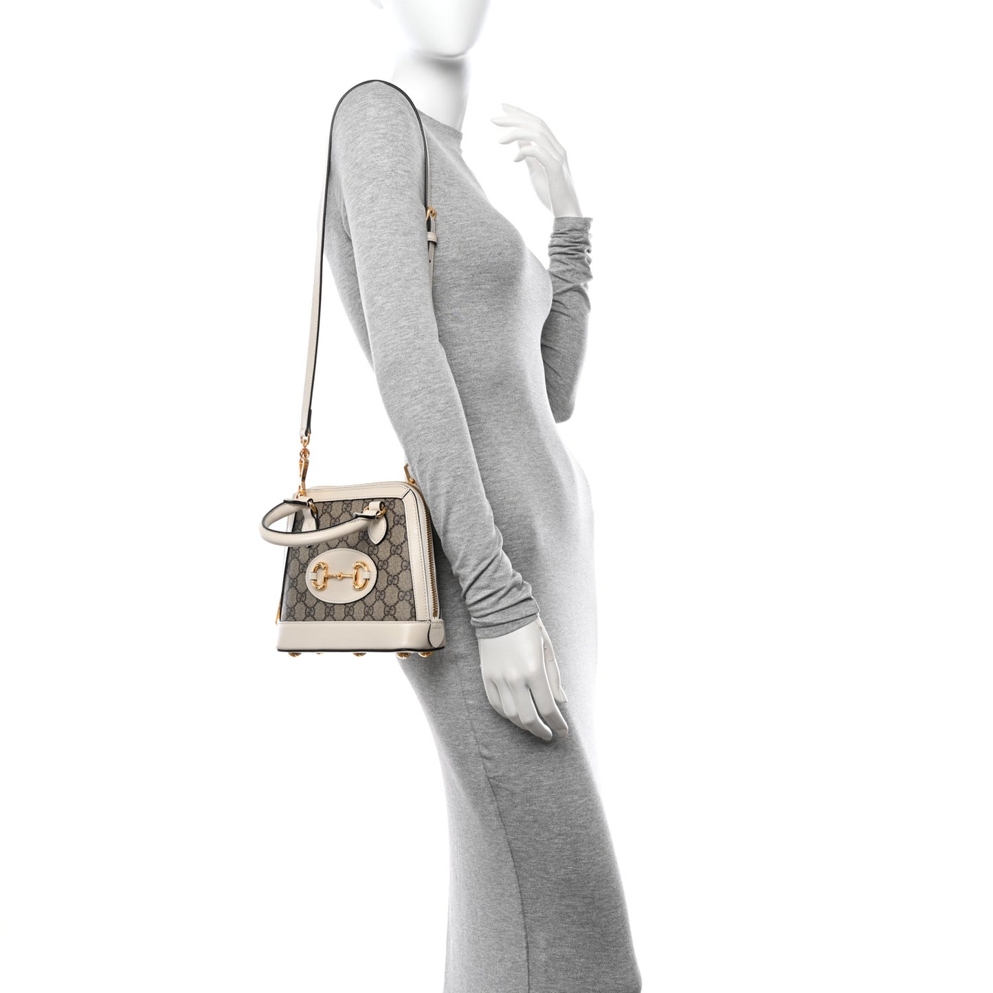 GG Supreme Monogram Azalea Calfskin Mini Horsebit 1955 Top Handle Bag Beige Ebony Mystic White