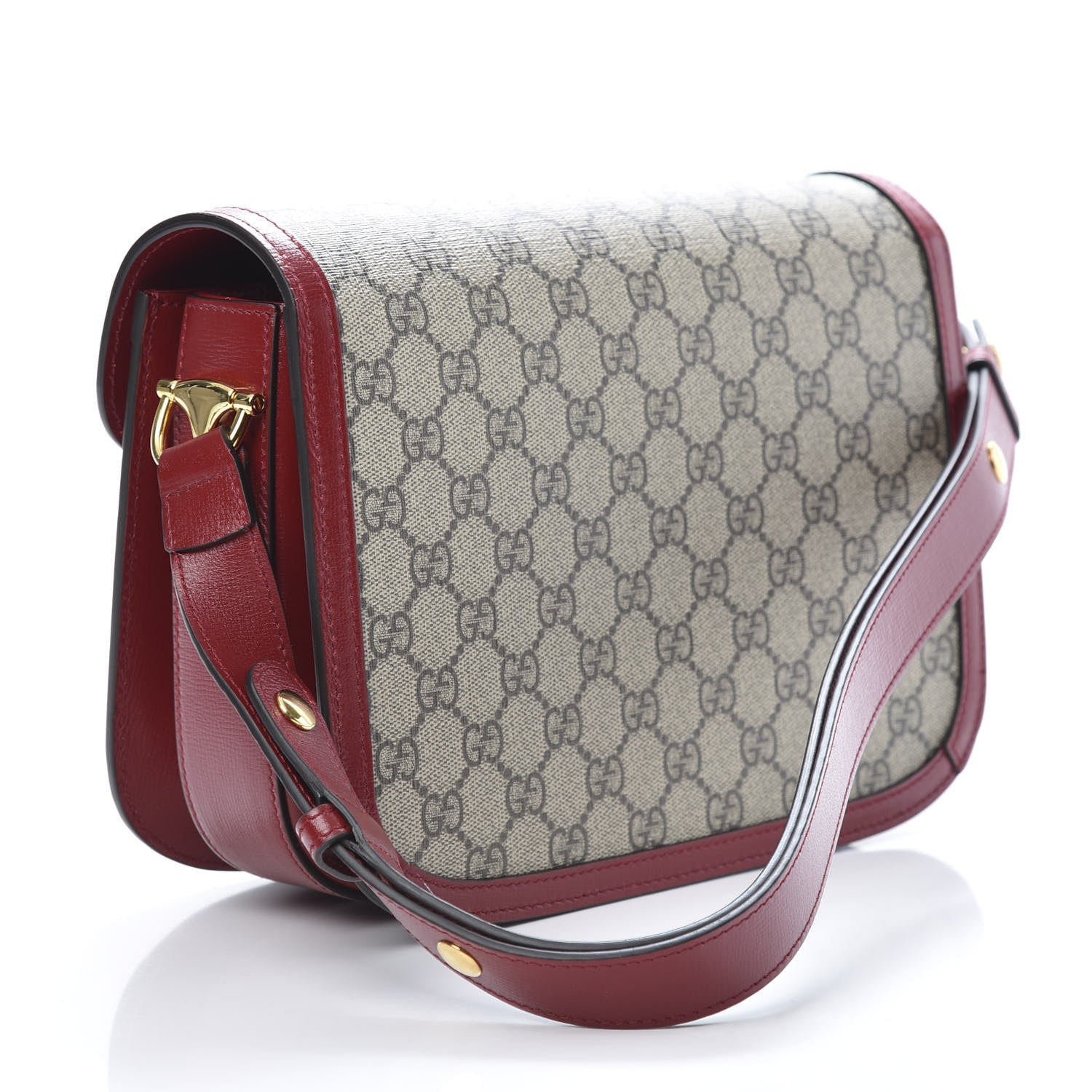 Gucci GG Supreme Monogram Azalea Calfskin Horsebit 1955 Shoulder Bag Beige Ebony New Cherry Red 3 of 13