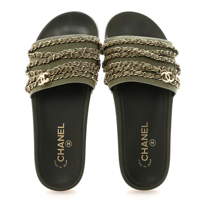 Chanel Canvas Chain Flat Sandals 39 Khaki 2 of 10