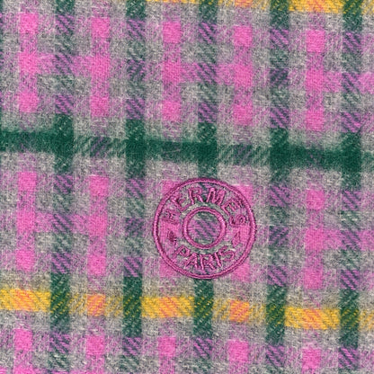 Hermes Cashmere H Ecossais Recto Verso Muffler Rose Vert Jaune 3 of 4