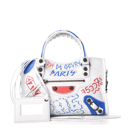 Balenciaga Agneau Graffiti All Over Classic Hardware Mini City White Bleu Rouge 1 of 10