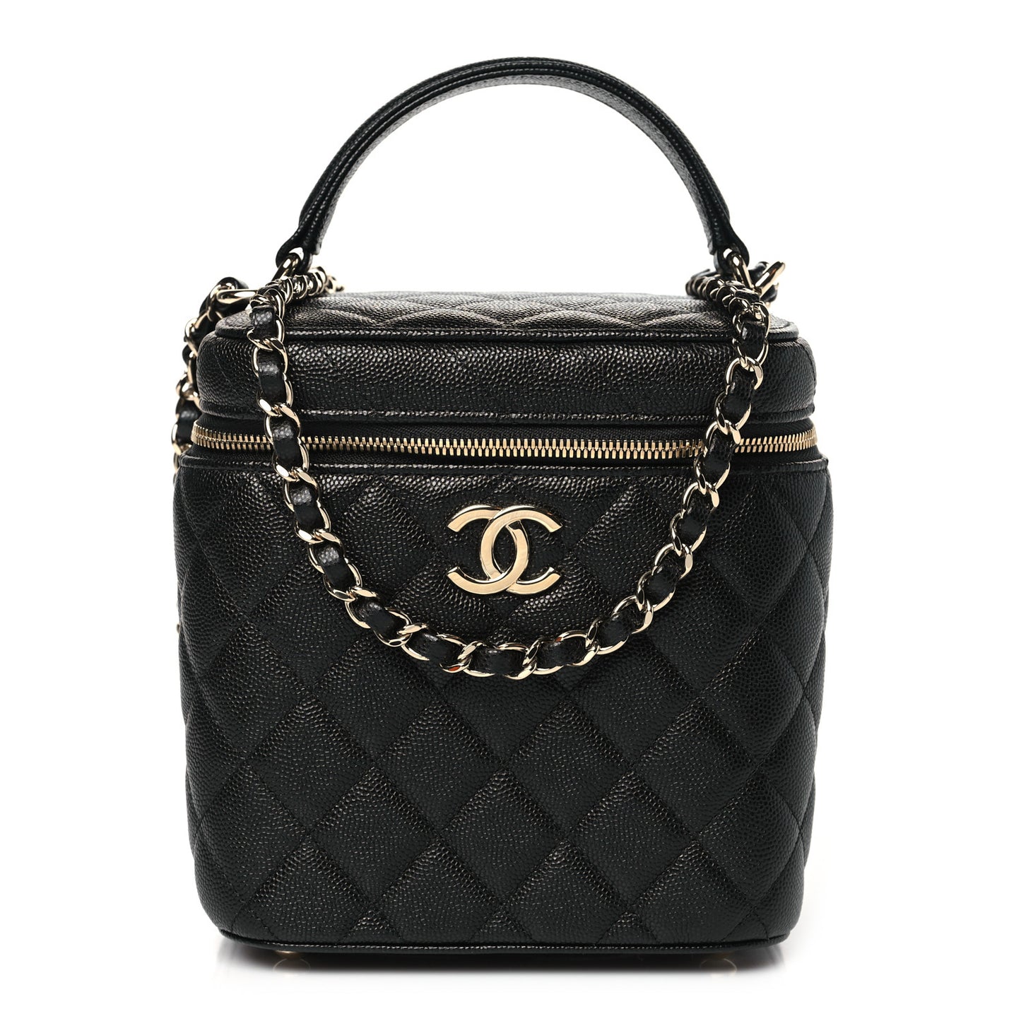 Caviar Quilted Small Top Handle Vanity Case With Chain Black