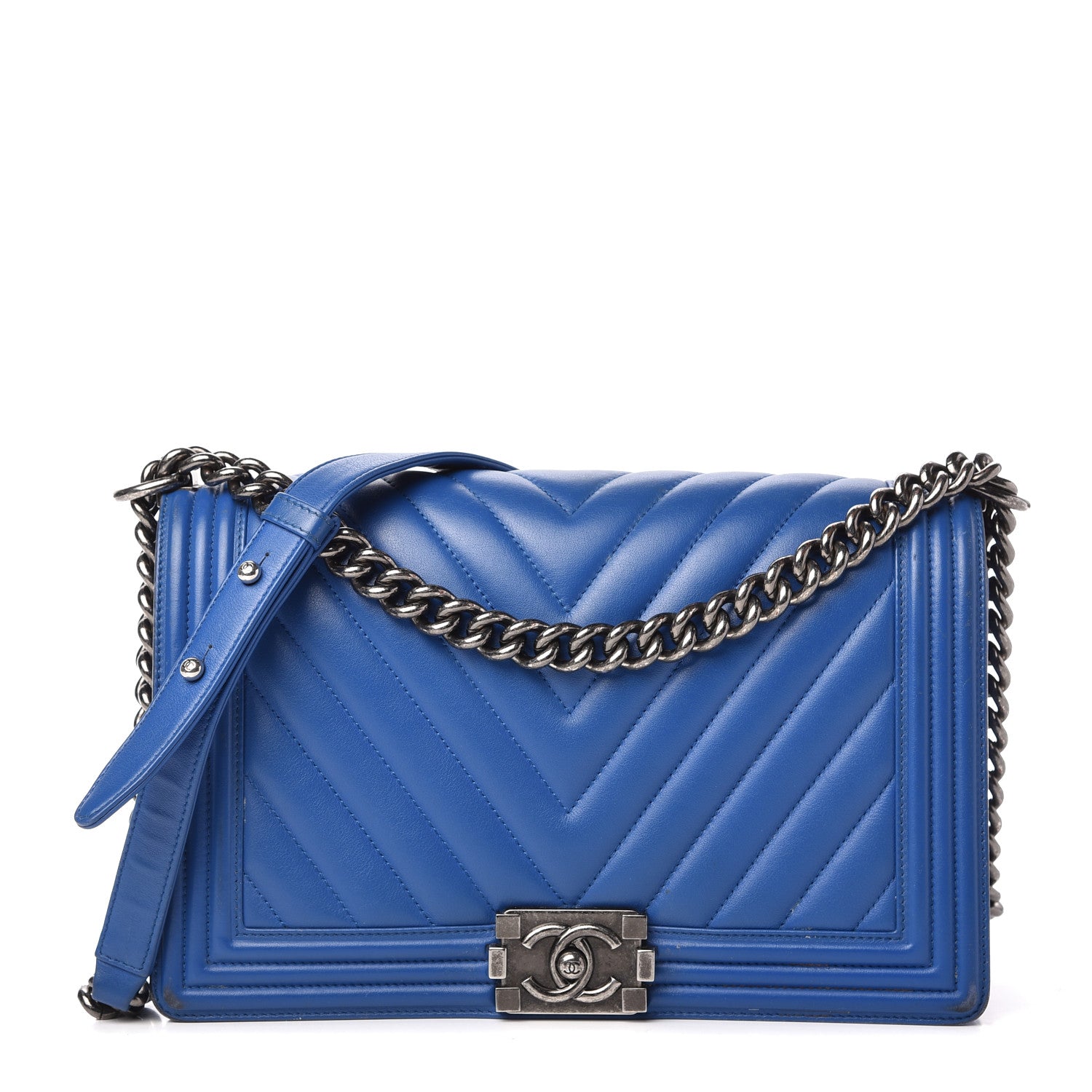 Chanel Calfskin Chevron Quilted New Medium Boy Flap Bright Blue 1 of 10