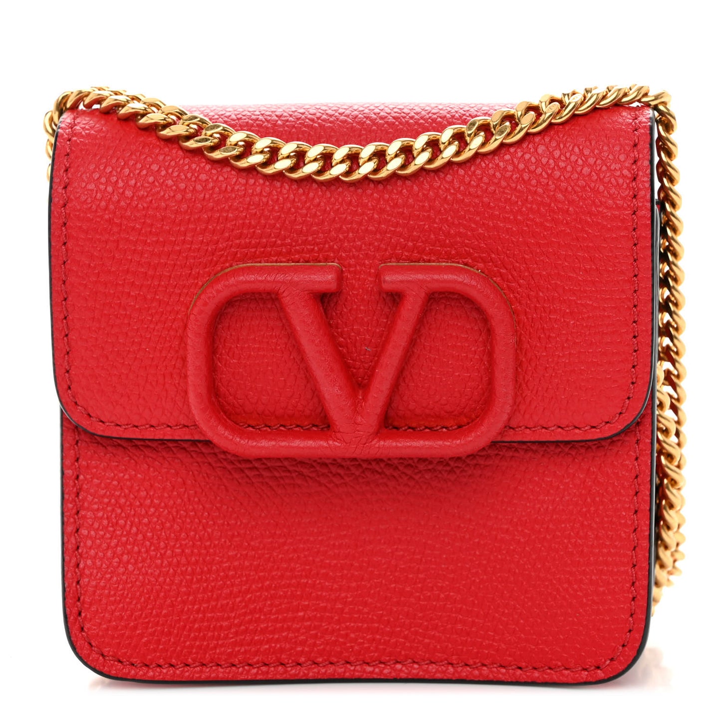 Grainy Calfskin VLogo Compact Wallet with Chain Rouge Pur
