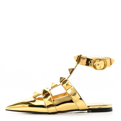 Valentino Garavani Metallic Patent Roman Stud Ankle Strap Flat Mules 37.5 Antique Brass 1 of 9