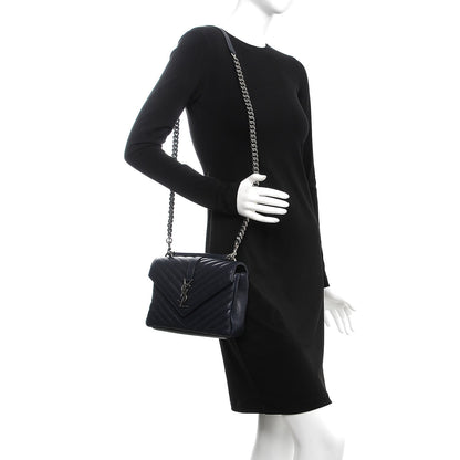 Saint Laurent Sheepskin Matelasse Chevron Monogram Medium College Bag Deep Marine 2 of 9