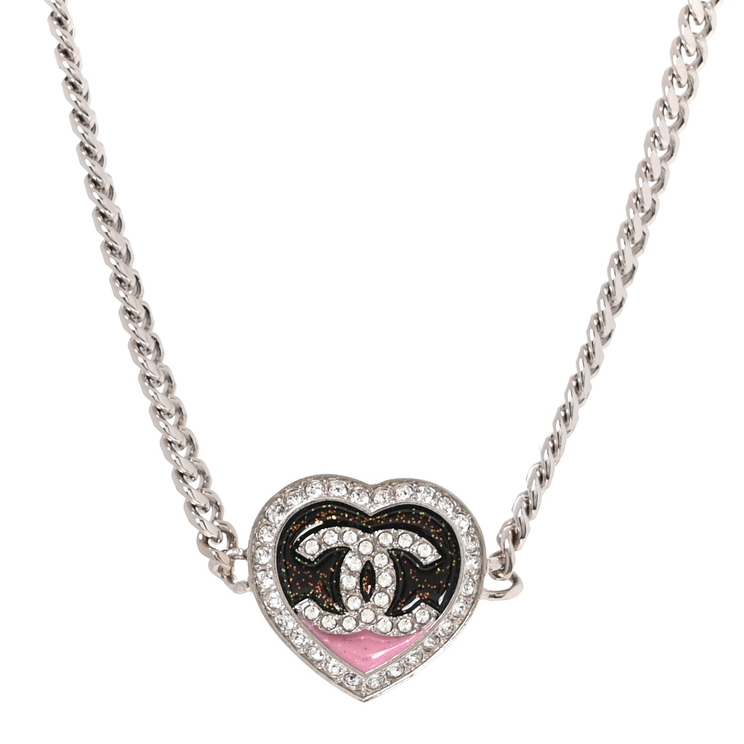 Chanel Resin Crystal Glitter CC Heart Choker Silver Black Pink 1 of 5
