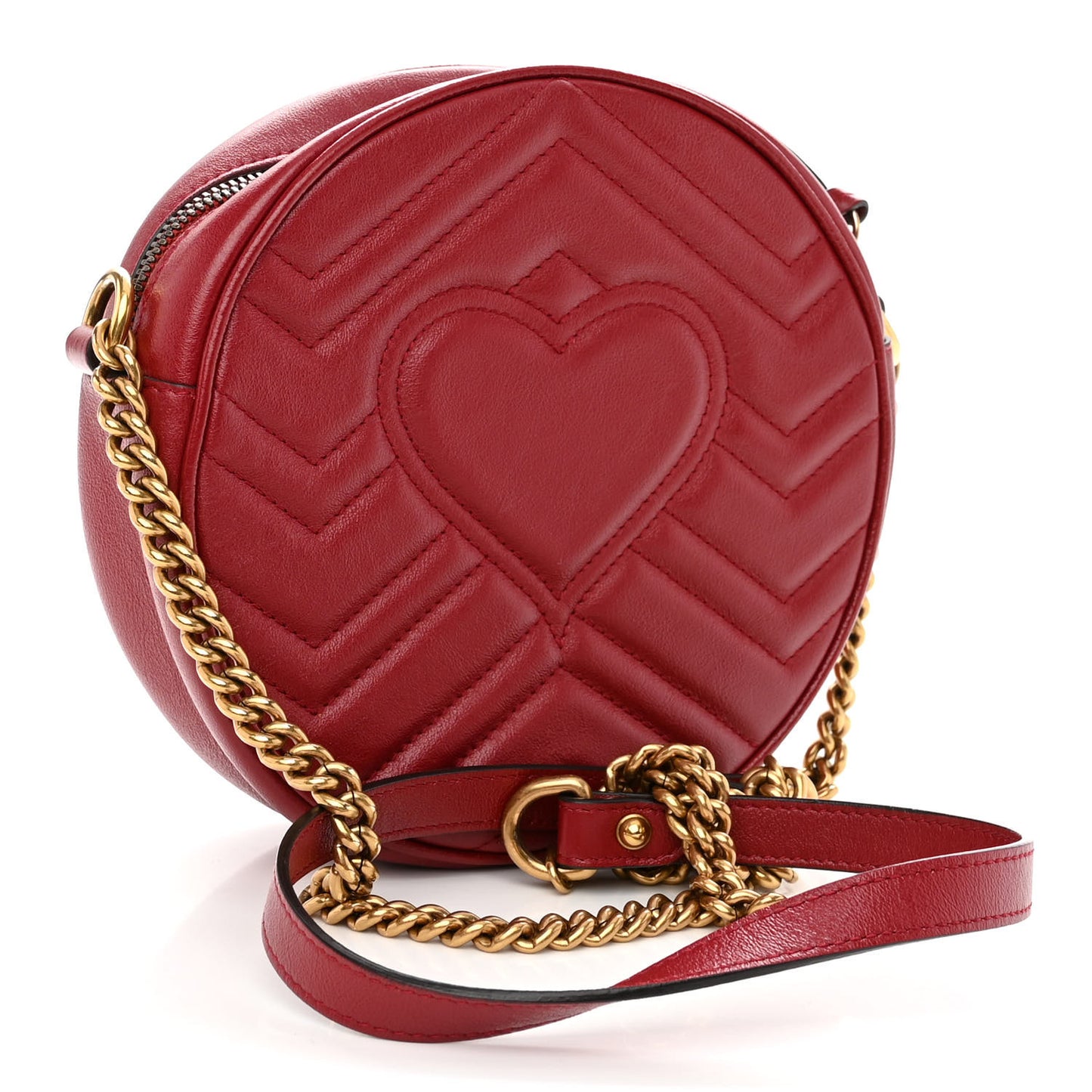 Glazed Calfskin Matelasse Heart Mini GG Marmont Round Shoulder Bag Romantic Cerise