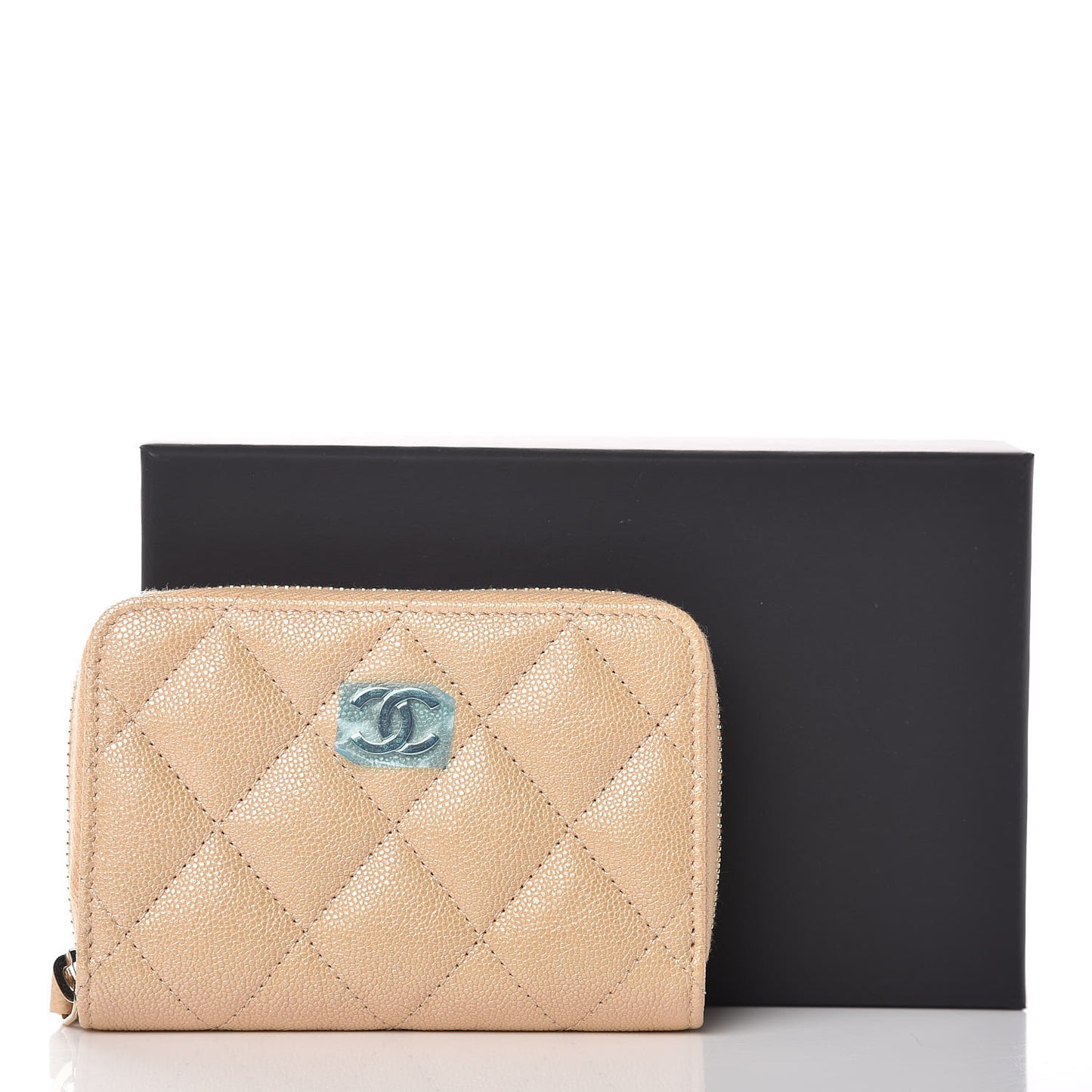 Iridescent Caviar Quilted Zip Around Coin Purse Beige
