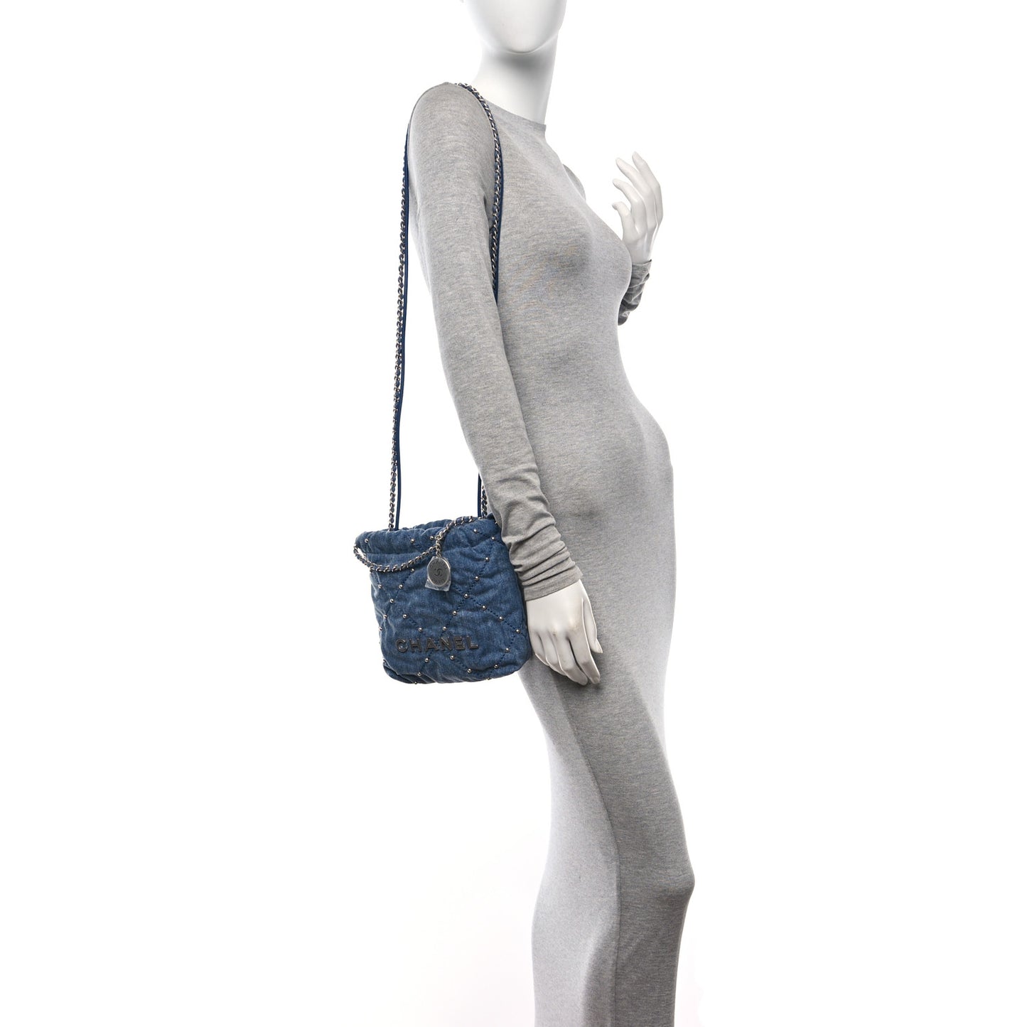 Washed Denim Quilted Studded Mini Chanel 22 Blue