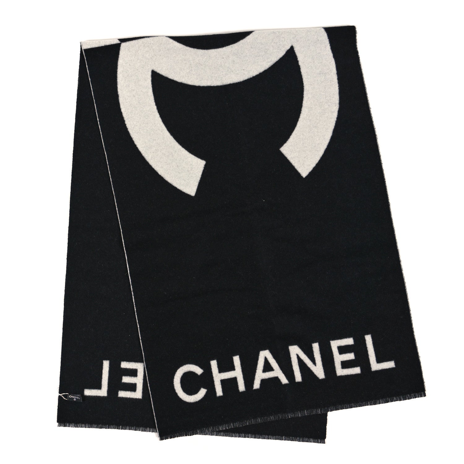 Chanel Cashmere CC Fringe Stole Black White 2 of 3