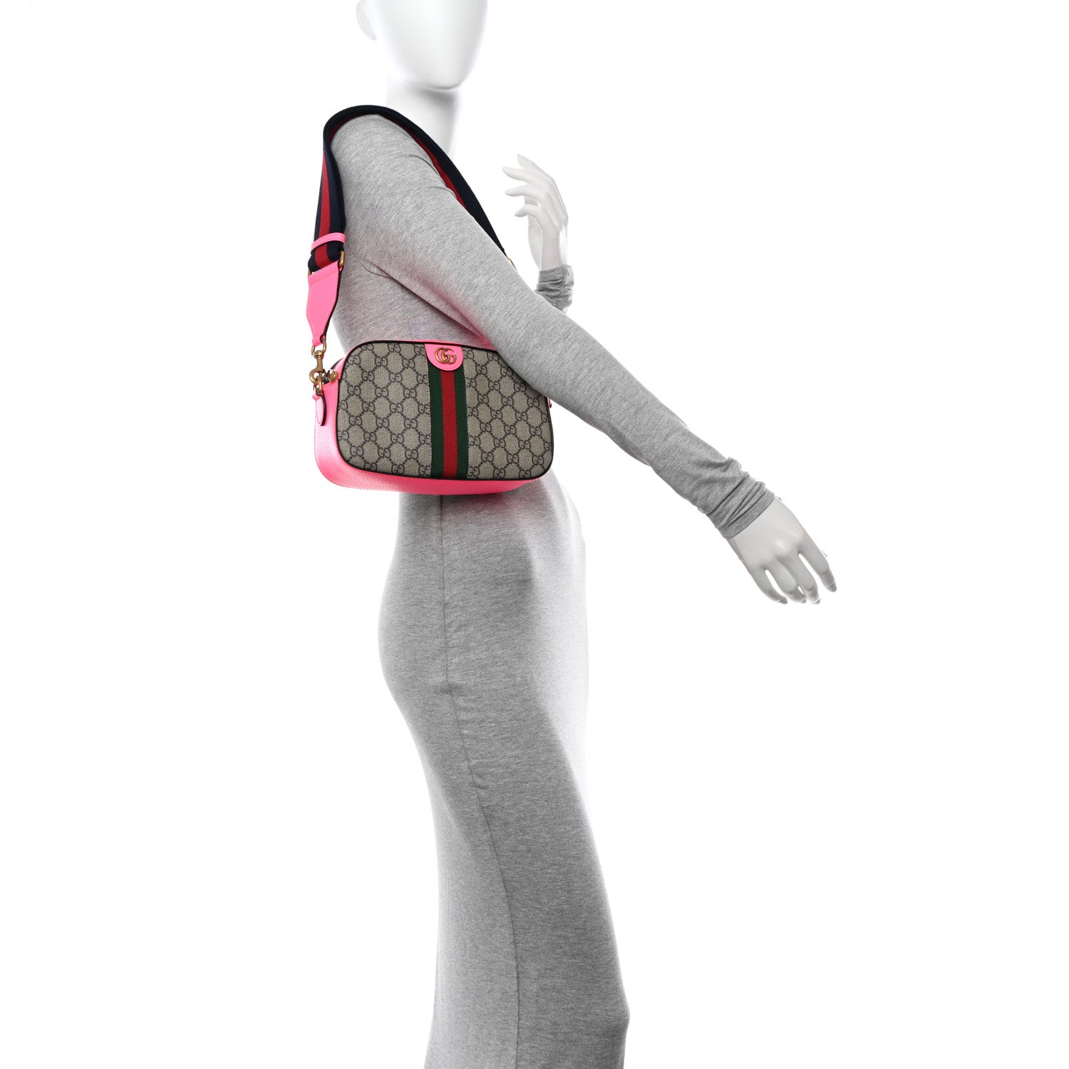 Gucci GG Supreme Monogram Textured Dollar Calfskin Web Ophidia Small Crossbody Bag Beige Ebony Fuchsia 2 of 10