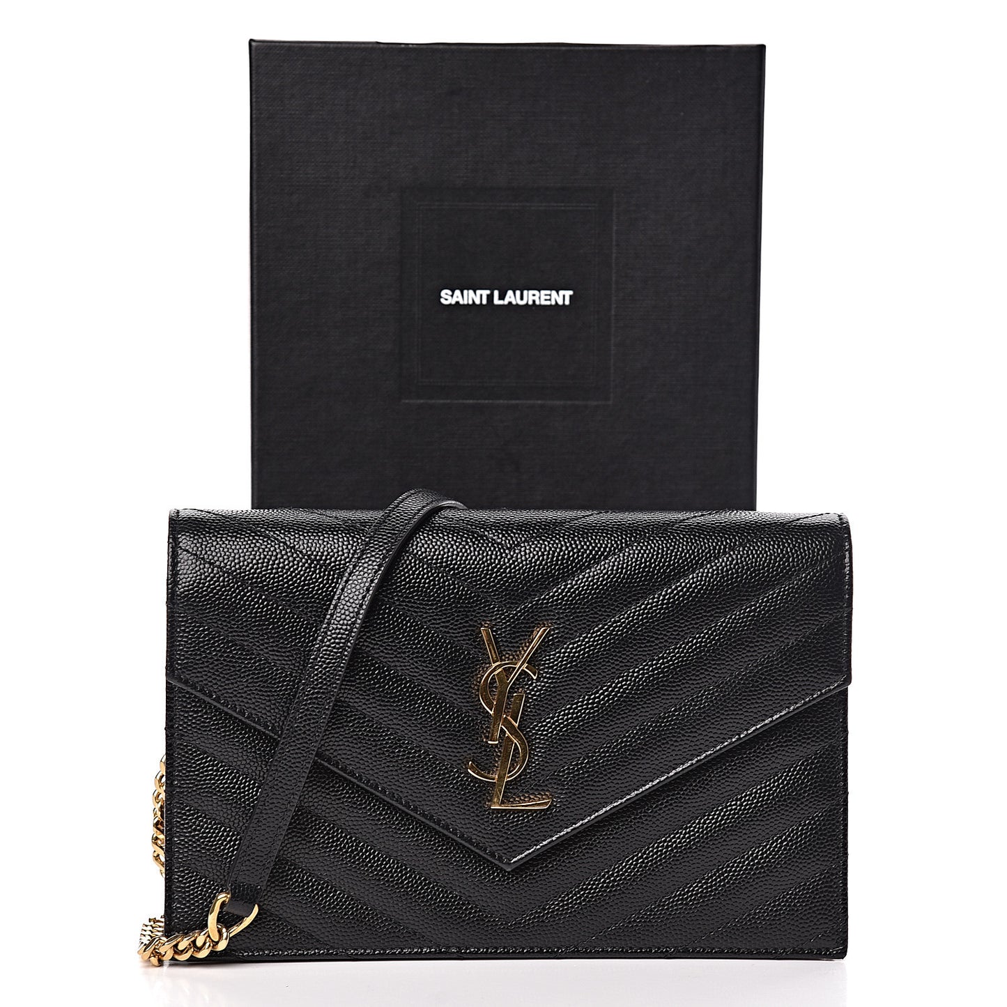 Grain De Poudre Matelasse Chevron Monogram Envelope Chain Wallet Black