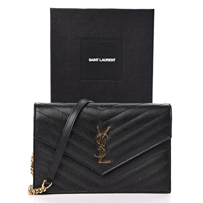 Saint Laurent Grain De Poudre Matelasse Chevron Monogram Envelope Chain Wallet Black 10 of 10
