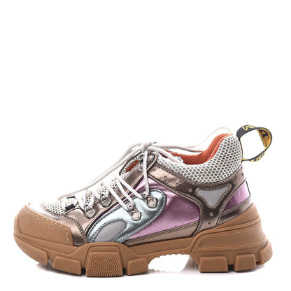 Gucci X SEGA Metallic Calfskin Mesh Womens Flashtrek Sneakers 35 Rame Mystic White Lago 1 of 10