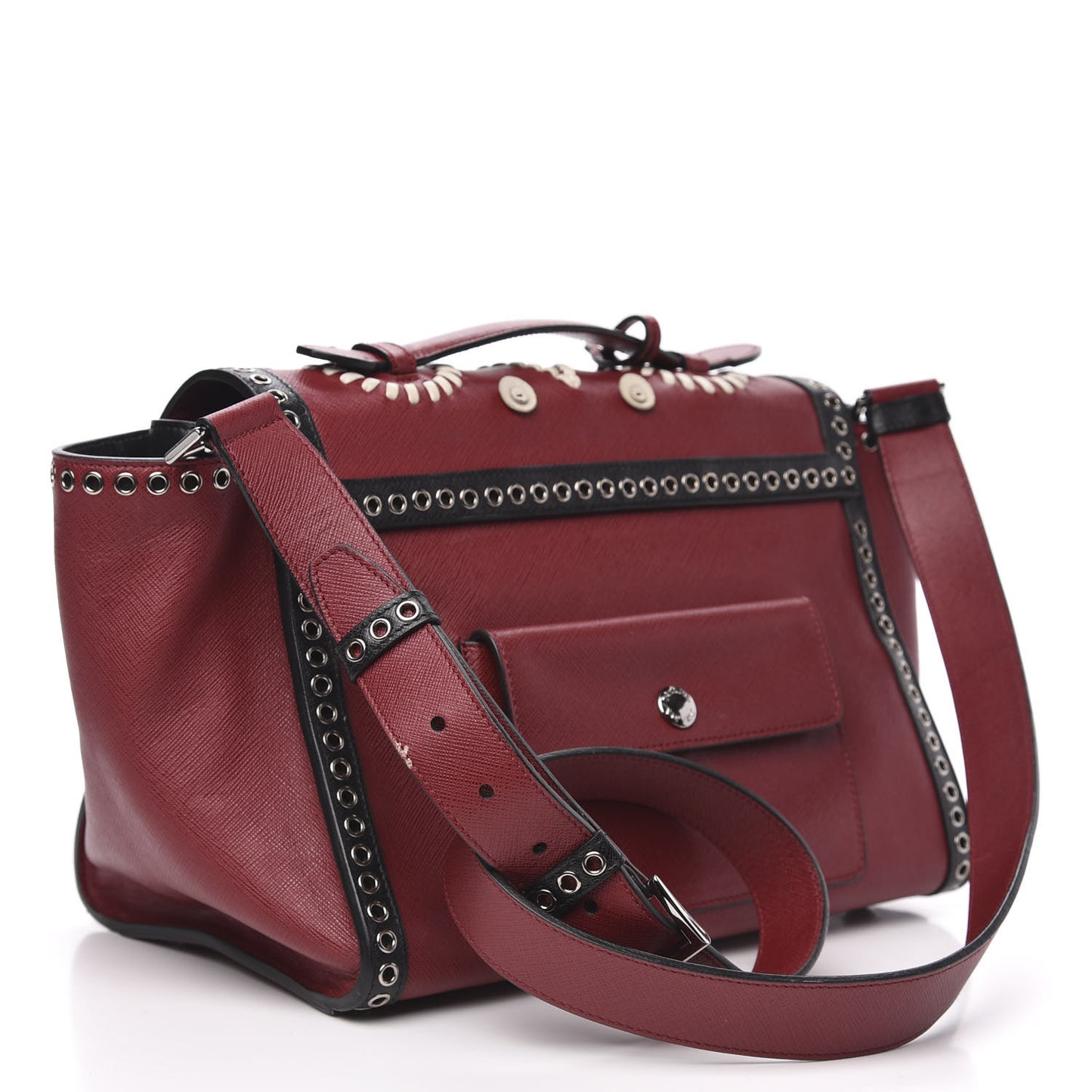 Saffiano Embroidered Sound Twin Pocket Satchel Cherry Black