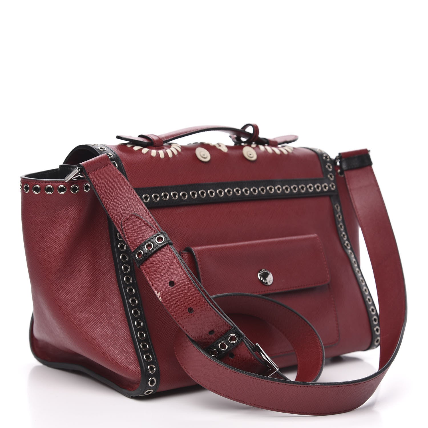 Prada Saffiano Embroidered Sound Twin Pocket Satchel Cherry Black 2 of 13