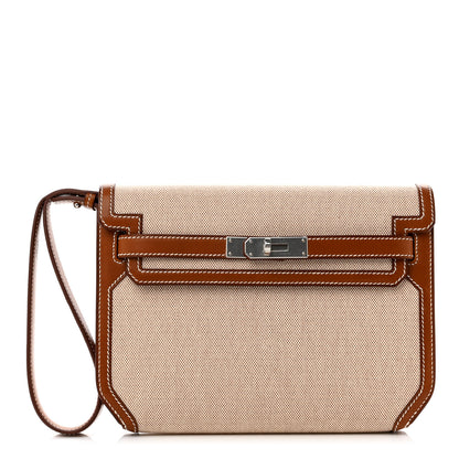 Hermes Toile H Barenia Kelly Depeches 25 Pouch Ecru Beige Fauve 1 of 8