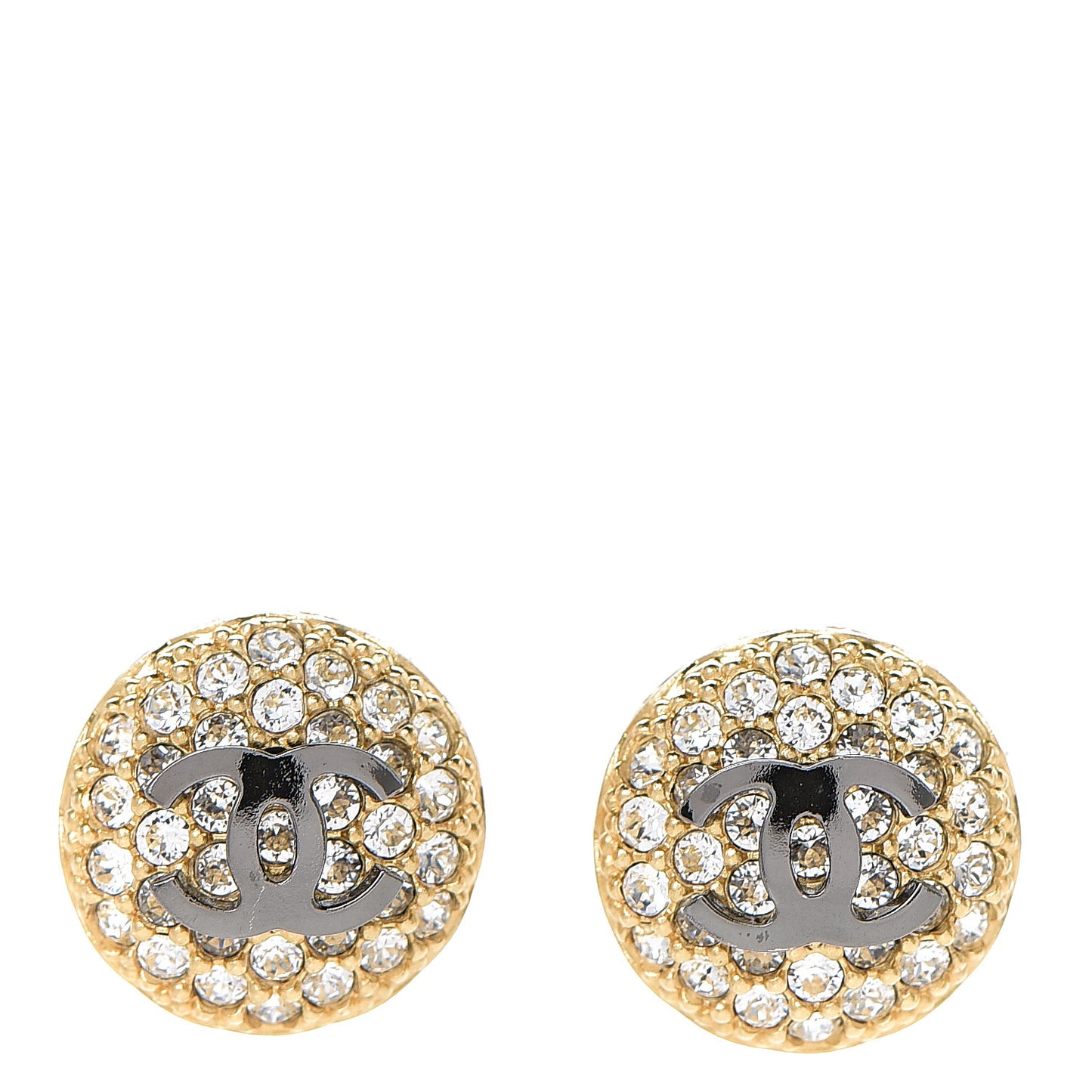 Crystal Perforated CC Round Earrings Ruthenium Gold