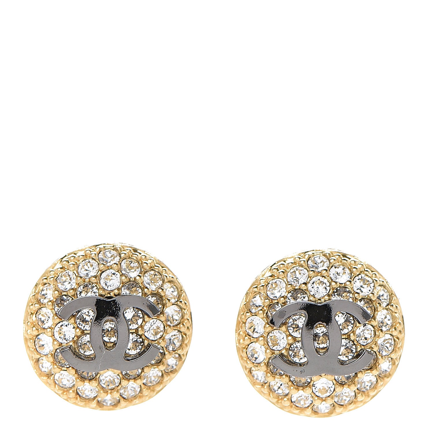 Chanel Crystal Perforated CC Round Earrings Ruthenium Gold 1 of 4
