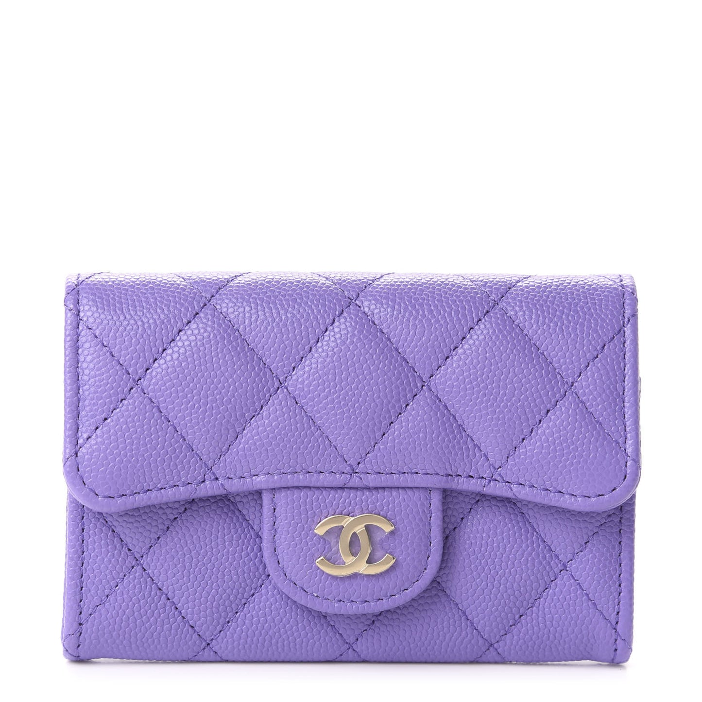 Caviar Quilted Flap Card Holder Wallet Purple
