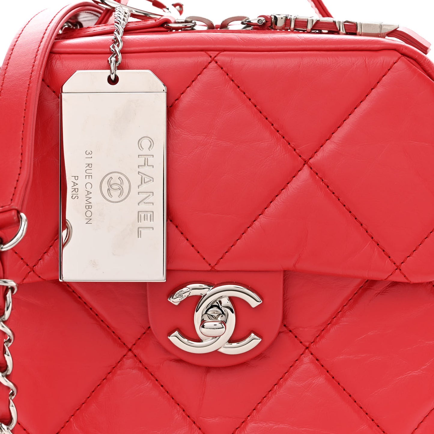 Aged Calfskin Quilted Top Handle Camera Case Red