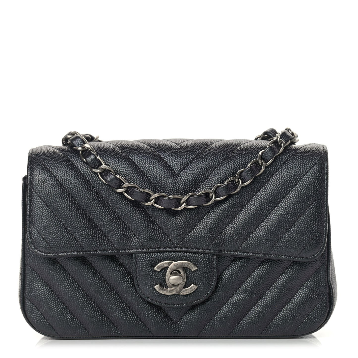 Iridescent Caviar Chevron Quilted Mini Rectangular Flap Black