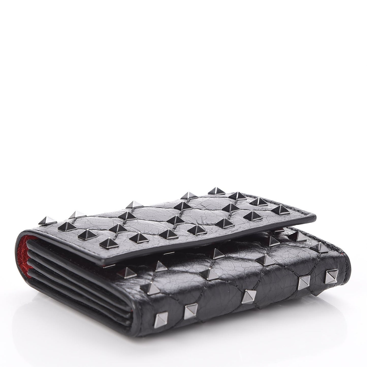 Craquele Nappa Rockstud Spike Bi-Fold Card Holder Black