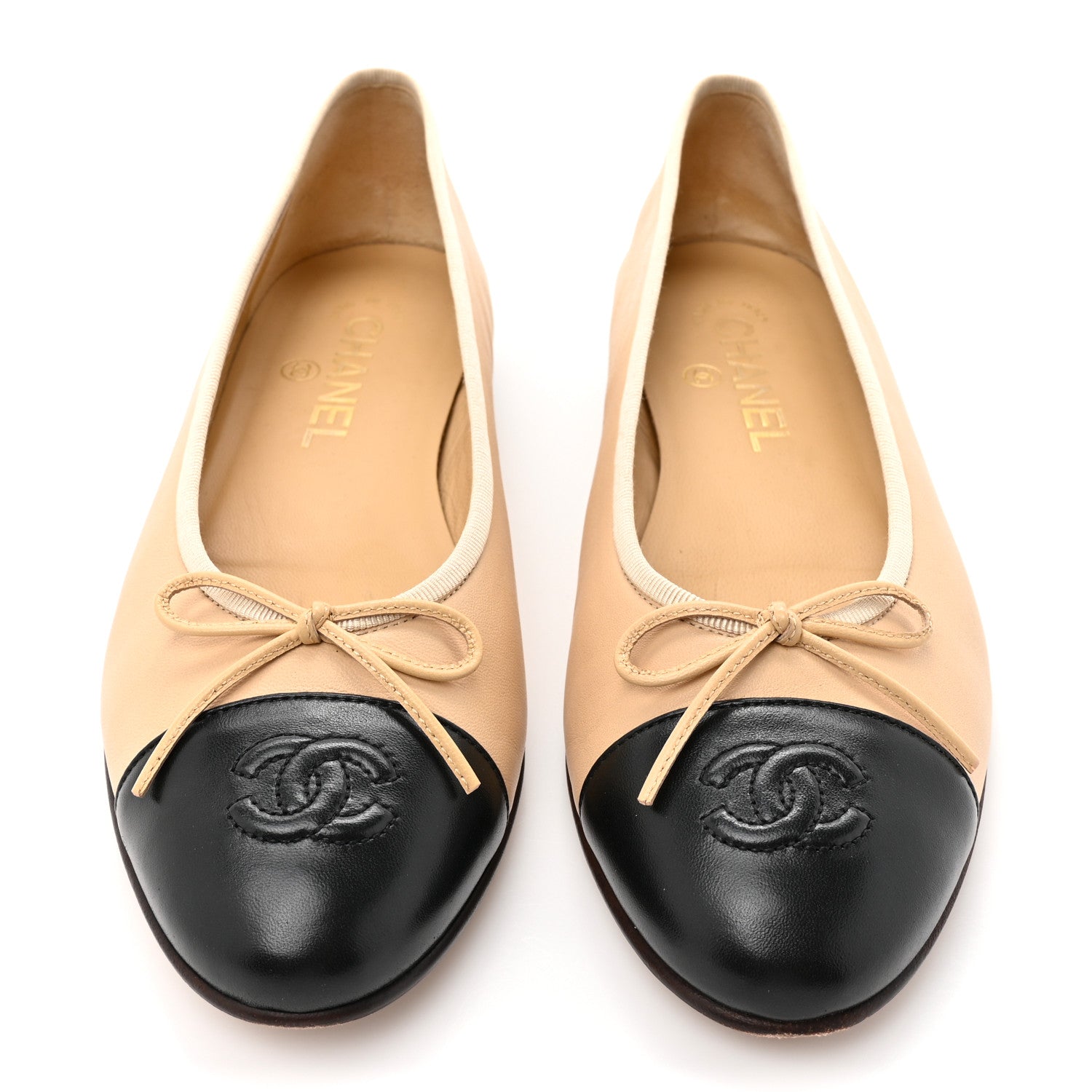 Chanel Lambskin Cap Toe CC Ballerina Flats 38 Beige Black 3 of 11