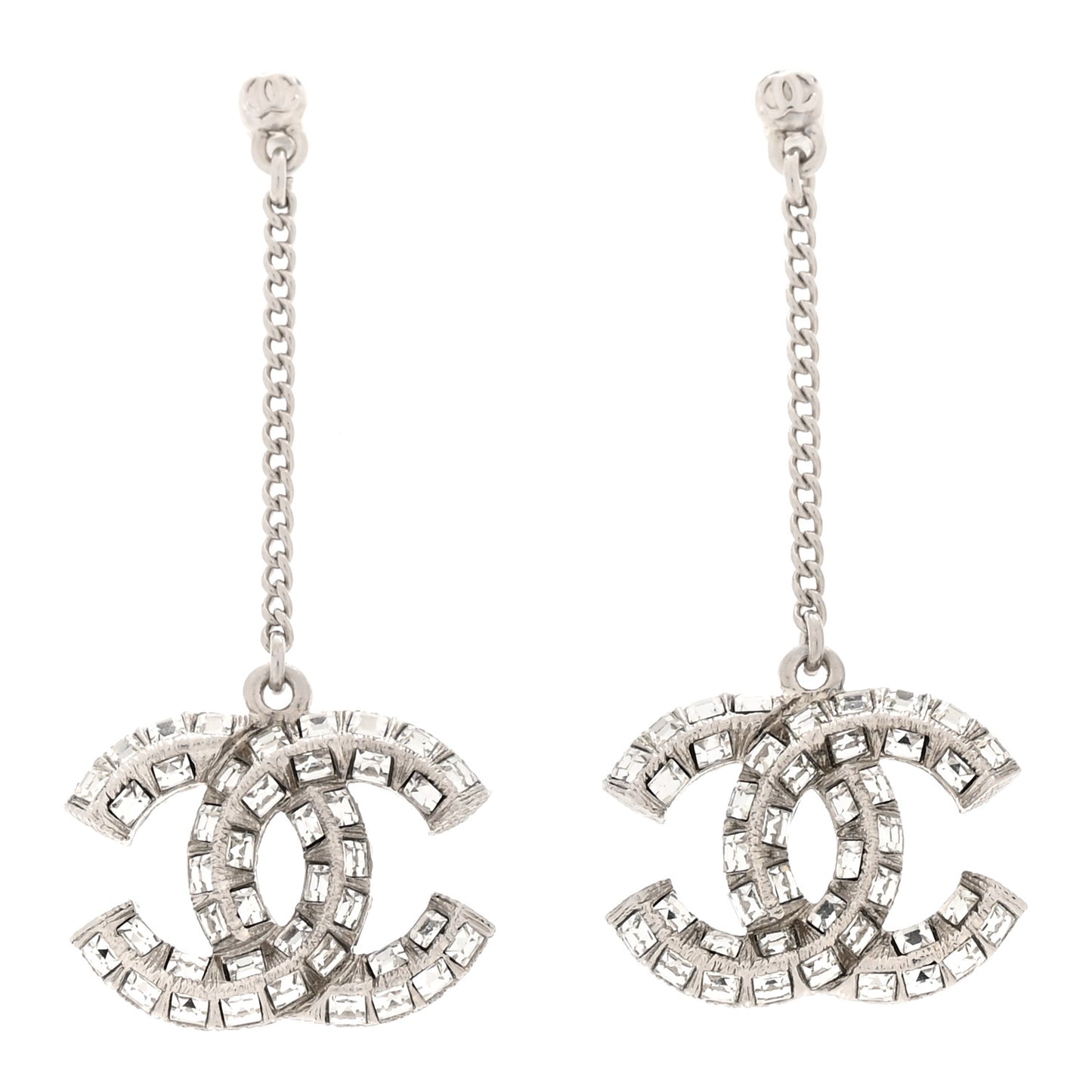 Baguette Crystal CC Drop Earrings Silver