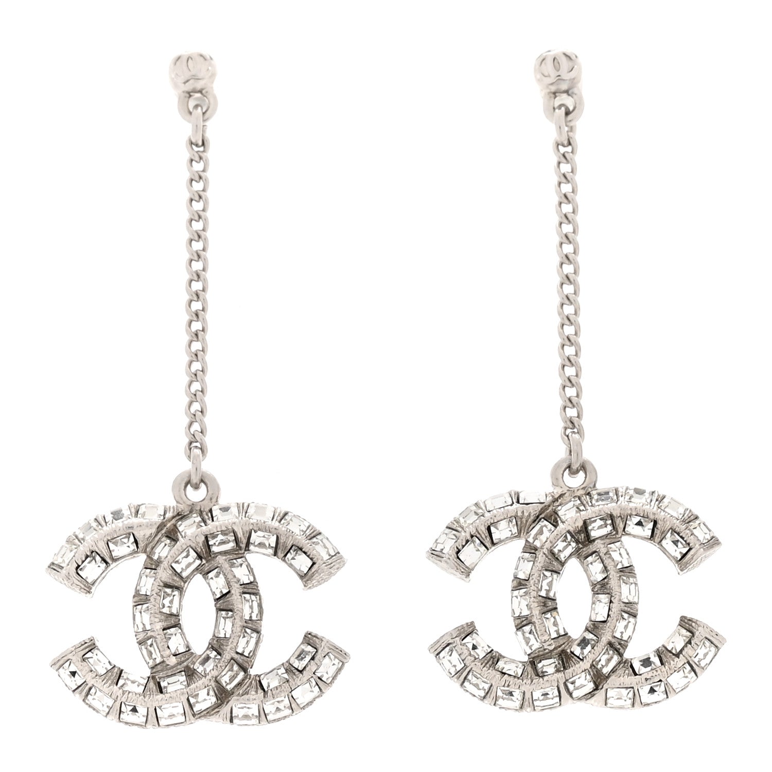 Chanel Baguette Crystal CC Drop Earrings Silver 1 of 5