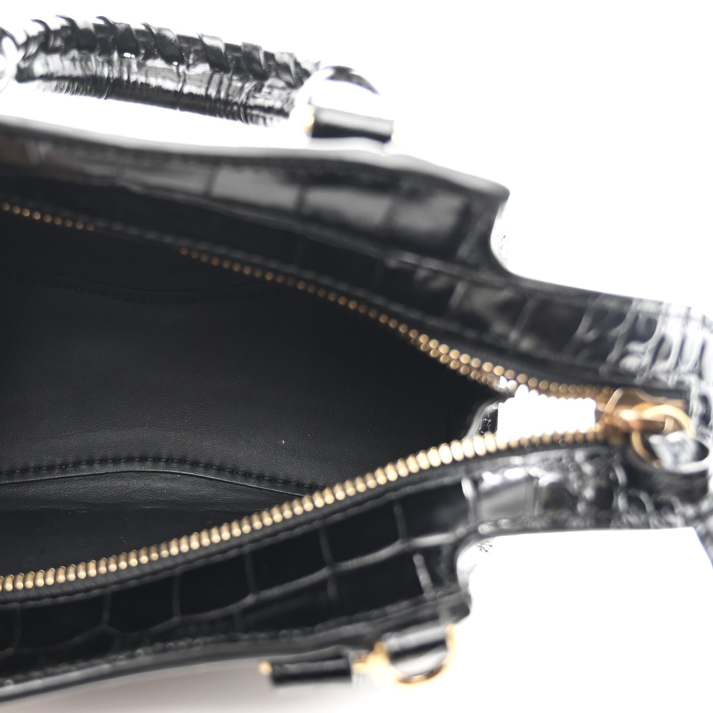 Shiny Supple Calfskin Crocodile Embossed Neo Classic Gold Hardware Nano City Crossbody Black
