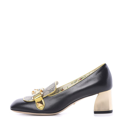 Gucci Malaga Kid Nappa GG Supreme Monogram Tiger Head Mid Heel Loafer Pumps 37 Black Oro Vecchio Beige 1 of 11