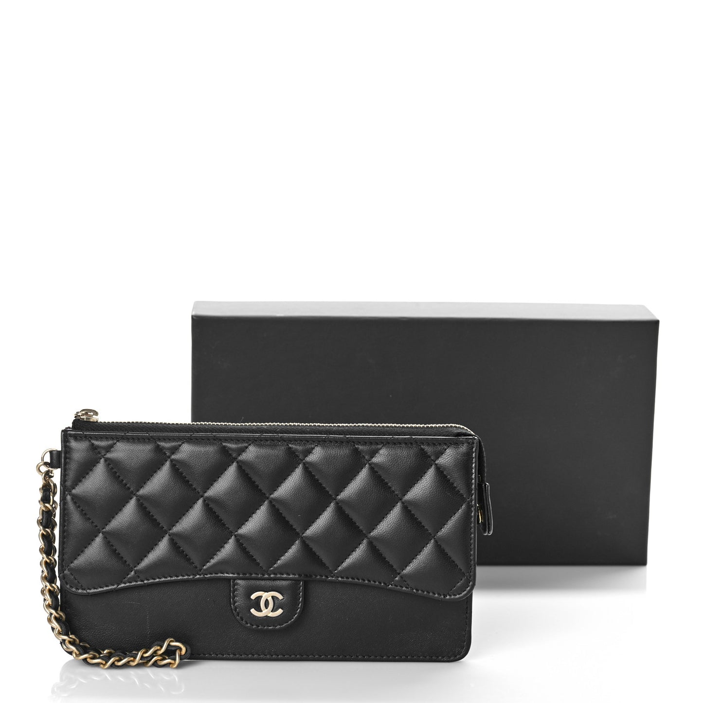 Lambskin Quilted Classic Pouch With Handle Black