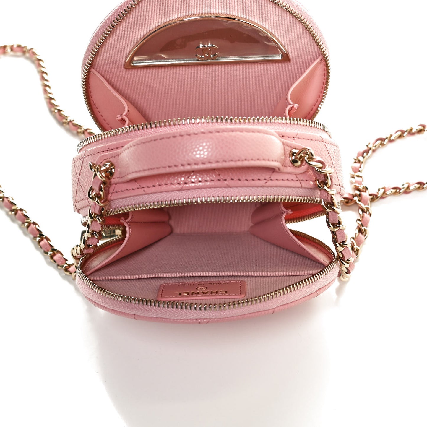 Caviar Quilted Round Handle With Care Vanity With Chain Pink