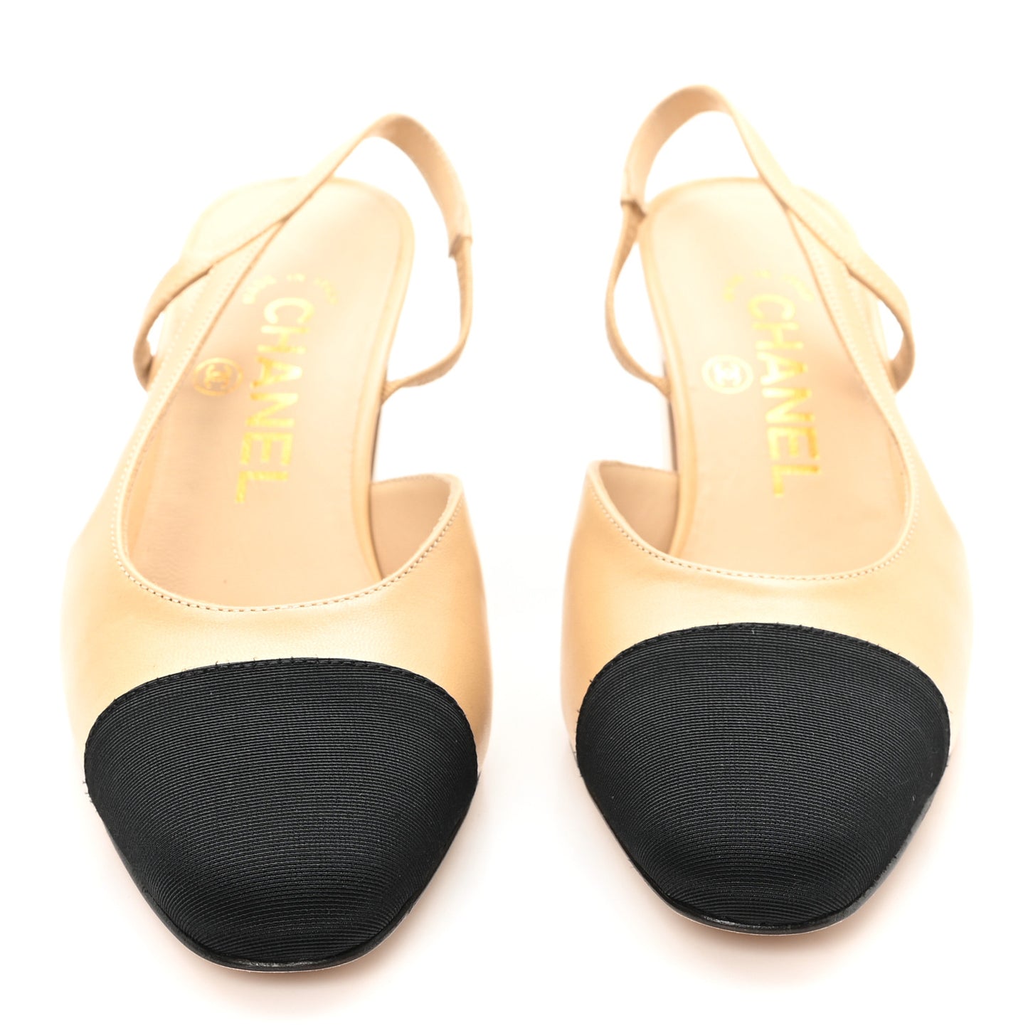 Goatskin Grosgrain Cap Toe CC Slingback Pumps 35 Beige Black