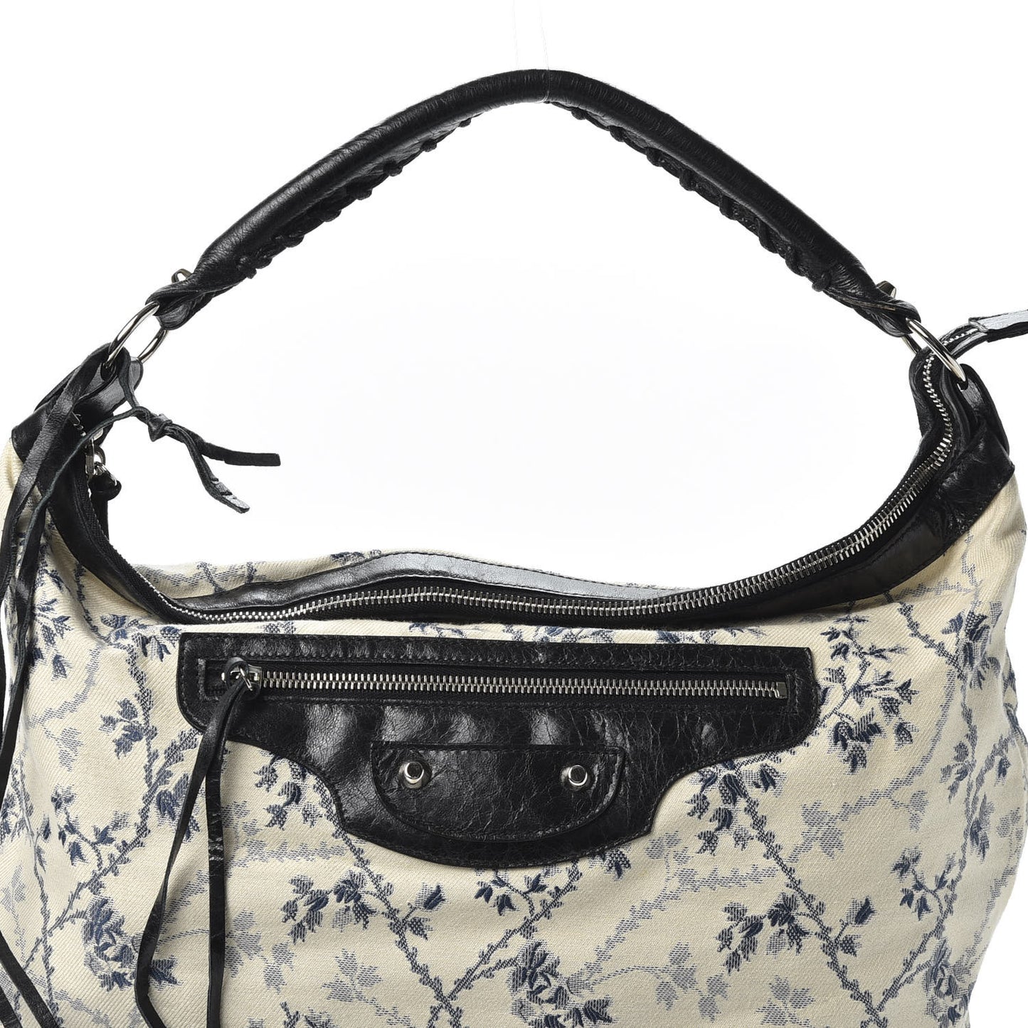Chevre Toile De Jouy Floral Classic Silver Hardware Day Hobo Black