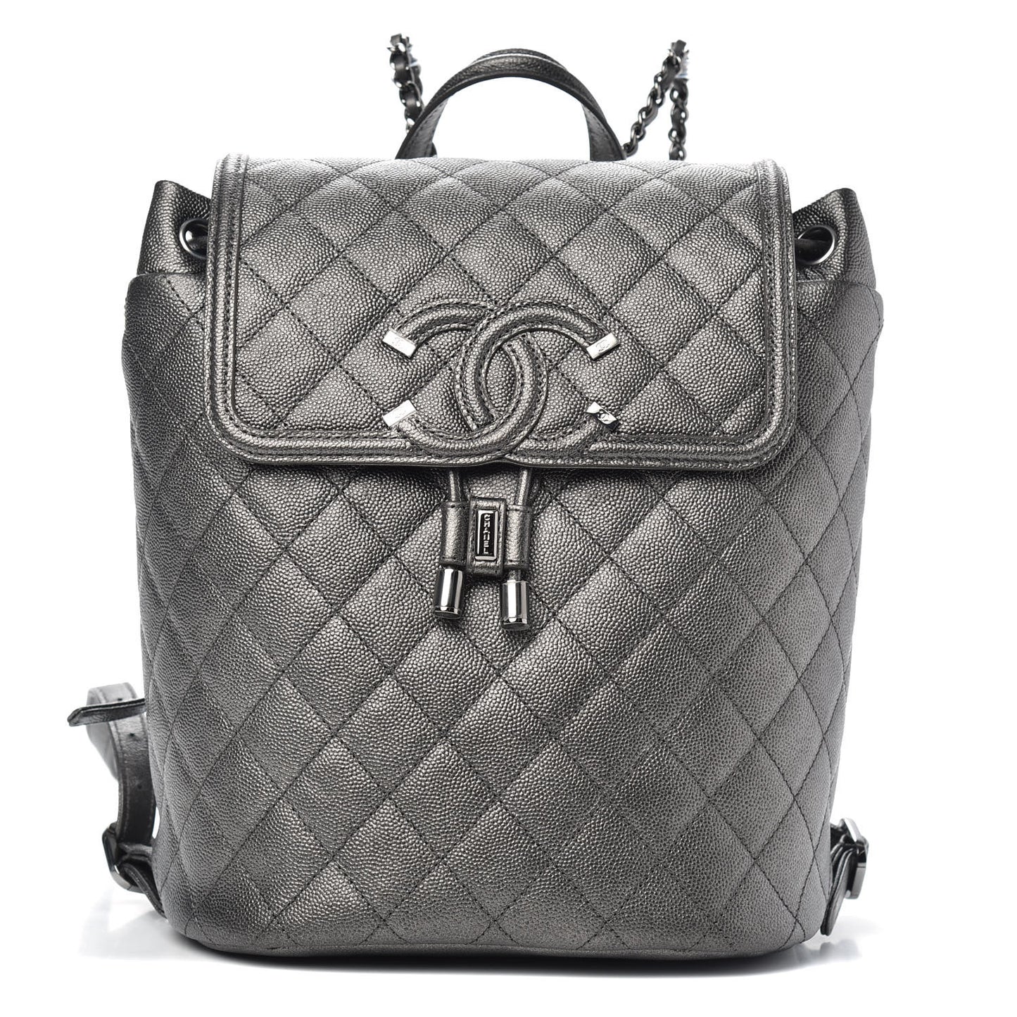 Metallic Caviar Quilted Filigree Backpack Dark Silver